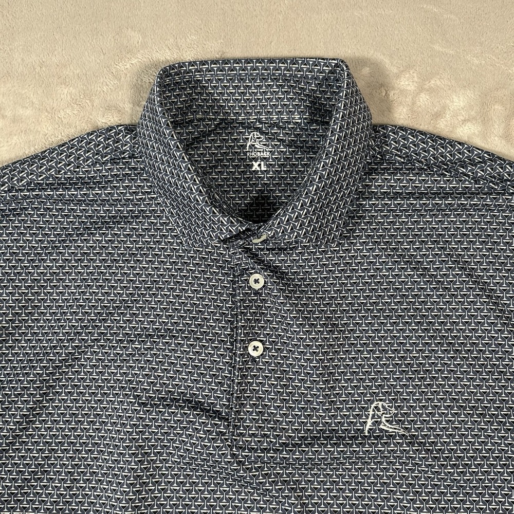 Rhoback Polo Shirt Mens XL Blue "Shaken" Performance Golf Athletic Stretch Logo
